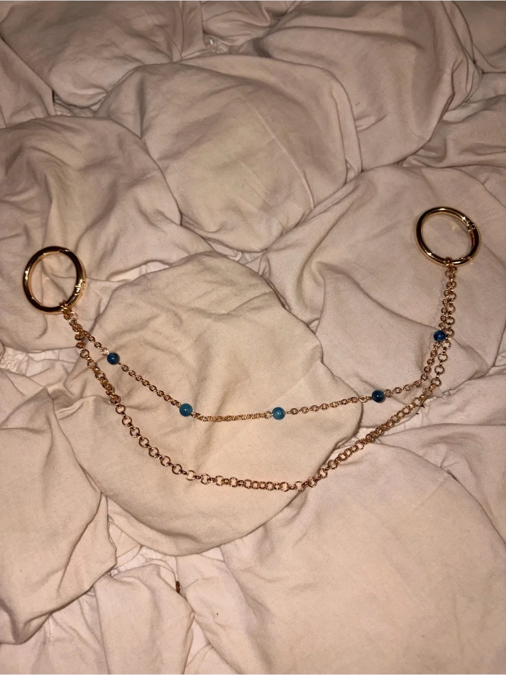 Gold Tone Double Chain Bag Strap Accessory with Blue Bead Accents